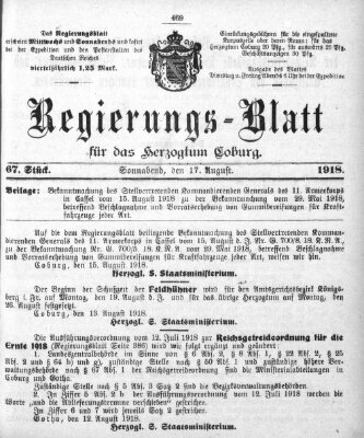Regierungs-Blatt für das Herzogtum Coburg (Coburger Regierungs-Blatt) Samstag 17. August 1918