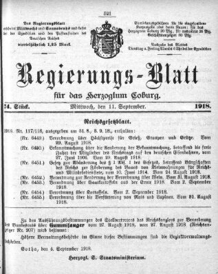 Regierungs-Blatt für das Herzogtum Coburg (Coburger Regierungs-Blatt) Mittwoch 11. September 1918