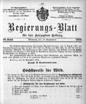 Regierungs-Blatt für das Herzogtum Coburg (Coburger Regierungs-Blatt) Mittwoch 18. September 1918