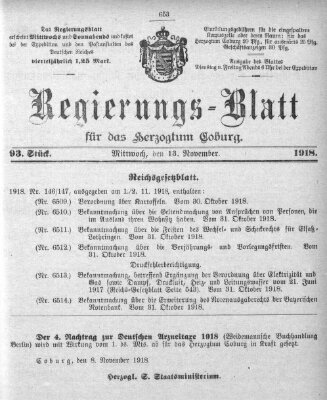 Regierungs-Blatt für das Herzogtum Coburg (Coburger Regierungs-Blatt) Mittwoch 13. November 1918