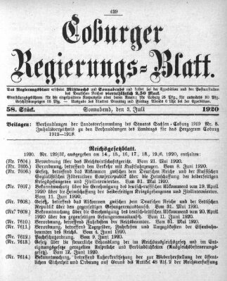 Coburger Regierungs-Blatt Samstag 3. Juli 1920