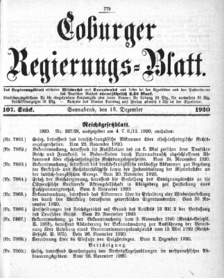 Coburger Regierungs-Blatt Samstag 18. Dezember 1920