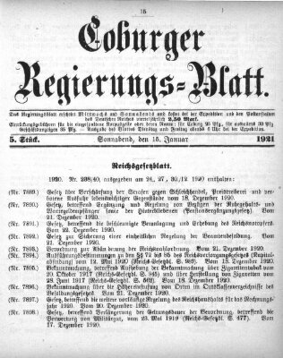Coburger Regierungsblatt (Coburger Regierungs-Blatt) Samstag 15. Januar 1921