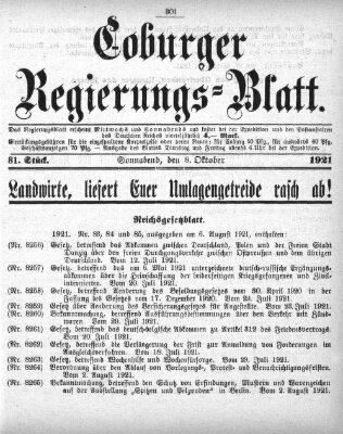 Coburger Regierungsblatt (Coburger Regierungs-Blatt) Samstag 8. Oktober 1921