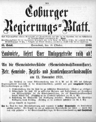 Coburger Regierungsblatt (Coburger Regierungs-Blatt) Samstag 15. Oktober 1921