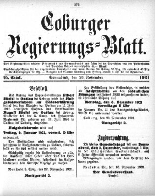 Coburger Regierungsblatt (Coburger Regierungs-Blatt) Samstag 26. November 1921
