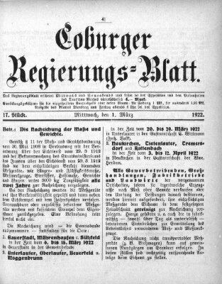 Coburger Regierungsblatt (Coburger Regierungs-Blatt) Mittwoch 1. März 1922
