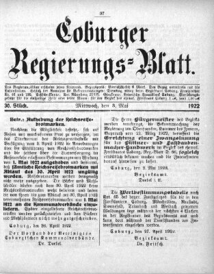 Coburger Regierungsblatt (Coburger Regierungs-Blatt) Mittwoch 3. Mai 1922