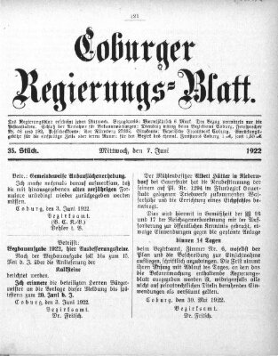 Coburger Regierungsblatt (Coburger Regierungs-Blatt) Mittwoch 7. Juni 1922