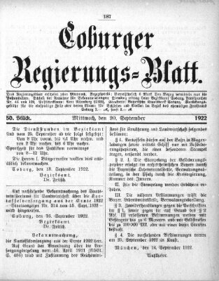 Coburger Regierungsblatt (Coburger Regierungs-Blatt) Mittwoch 20. September 1922