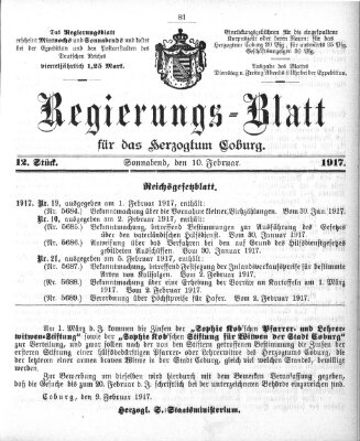Regierungs-Blatt für das Herzogtum Coburg (Coburger Regierungs-Blatt) Samstag 10. Februar 1917