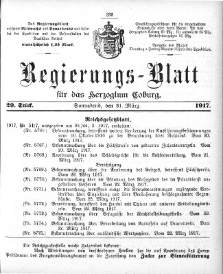 Regierungs-Blatt für das Herzogtum Coburg (Coburger Regierungs-Blatt) Samstag 31. März 1917