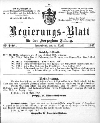 Regierungs-Blatt für das Herzogtum Coburg (Coburger Regierungs-Blatt) Samstag 21. April 1917