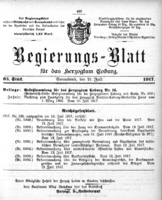 Regierungs-Blatt für das Herzogtum Coburg (Coburger Regierungs-Blatt) Samstag 21. Juli 1917