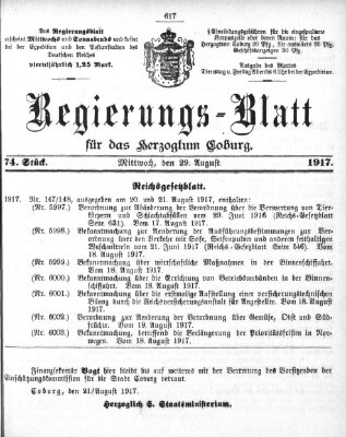 Regierungs-Blatt für das Herzogtum Coburg (Coburger Regierungs-Blatt) Mittwoch 29. August 1917