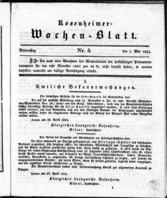Rosenheimer Wochenblatt (Rosenheimer Anzeiger) Donnerstag 1. Mai 1834