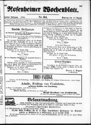 Rosenheimer Wochenblatt (Rosenheimer Anzeiger) Sonntag 17. August 1856