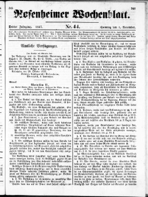 Rosenheimer Wochenblatt (Rosenheimer Anzeiger) Sonntag 1. November 1857