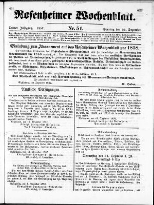 Rosenheimer Wochenblatt (Rosenheimer Anzeiger) Sonntag 20. Dezember 1857