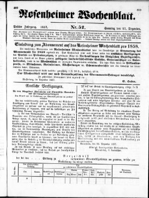 Rosenheimer Wochenblatt (Rosenheimer Anzeiger) Sonntag 27. Dezember 1857