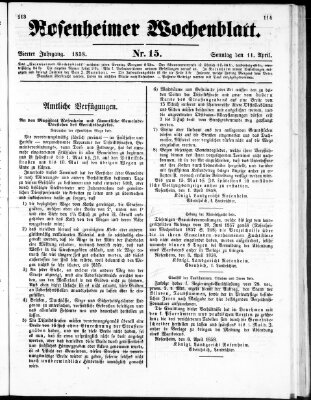 Rosenheimer Wochenblatt (Rosenheimer Anzeiger) Sonntag 11. April 1858