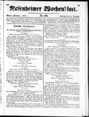 Rosenheimer Wochenblatt (Rosenheimer Anzeiger) Sonntag 5. Dezember 1858