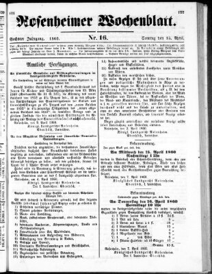 Rosenheimer Wochenblatt (Rosenheimer Anzeiger) Sonntag 15. April 1860