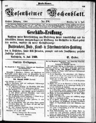 Rosenheimer Wochenblatt (Rosenheimer Anzeiger) Sonntag 8. Juli 1860