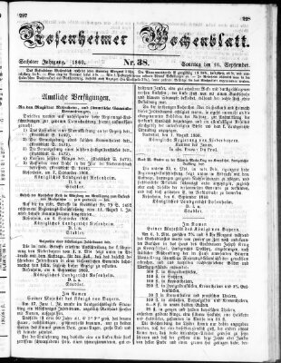 Rosenheimer Wochenblatt (Rosenheimer Anzeiger) Sonntag 16. September 1860