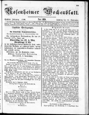 Rosenheimer Wochenblatt (Rosenheimer Anzeiger) Sonntag 23. September 1860