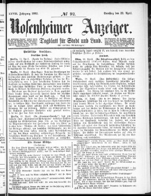 Rosenheimer Anzeiger Samstag 22. April 1882