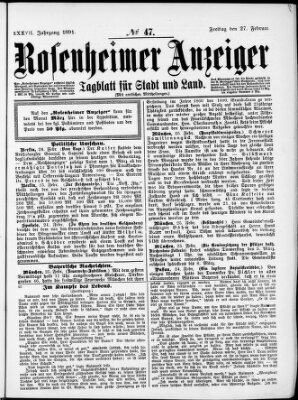 Rosenheimer Anzeiger Freitag 27. Februar 1891