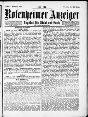 Rosenheimer Anzeiger Samstag 20. Juni 1891