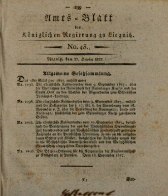 Amts-Blatt der Preußischen Regierung zu Liegnitz Samstag 27. Oktober 1827