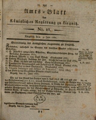 Amts-Blatt der Preußischen Regierung zu Liegnitz Samstag 9. Juli 1831