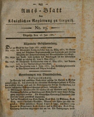 Amts-Blatt der Preußischen Regierung zu Liegnitz Samstag 16. Juli 1831