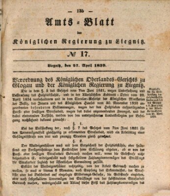 Amts-Blatt der Preußischen Regierung zu Liegnitz Samstag 27. April 1839