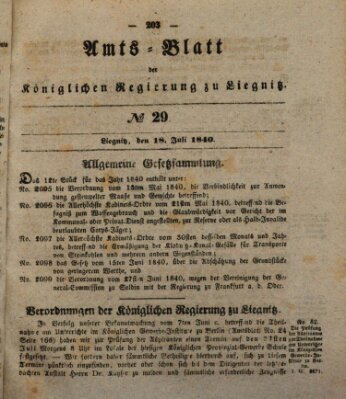 Amts-Blatt der Preußischen Regierung zu Liegnitz Samstag 18. Juli 1840