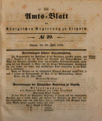 Amts-Blatt der Preußischen Regierung zu Liegnitz Samstag 18. Juli 1846
