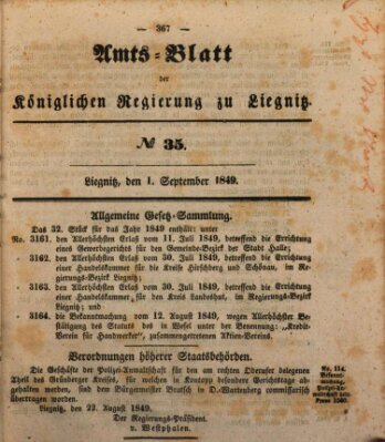 Amts-Blatt der Preußischen Regierung zu Liegnitz Samstag 1. September 1849