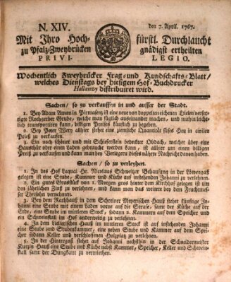 Zweybrückisches Wochenblatt (Zweibrücker Wochenblatt) Dienstag 7. April 1767