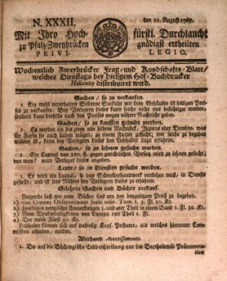 Zweybrückisches Wochenblatt (Zweibrücker Wochenblatt) Dienstag 11. August 1767
