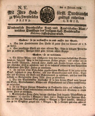 Zweybrückisches Wochenblatt (Zweibrücker Wochenblatt) Dienstag 2. Februar 1768
