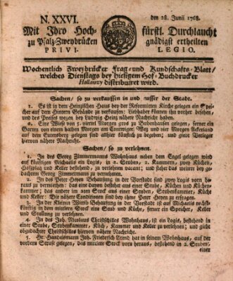 Zweybrückisches Wochenblatt (Zweibrücker Wochenblatt) Dienstag 28. Juni 1768
