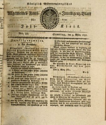 Allgemeines Amts- und Intelligenz-Blatt für den Jaxt-Kreis Samstag 5. März 1831