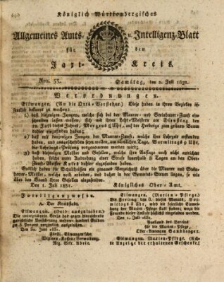 Allgemeines Amts- und Intelligenz-Blatt für den Jaxt-Kreis Samstag 2. Juli 1831