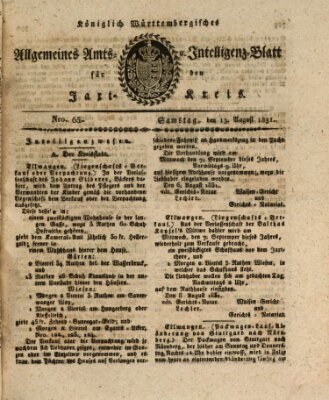 Allgemeines Amts- und Intelligenz-Blatt für den Jaxt-Kreis Samstag 13. August 1831