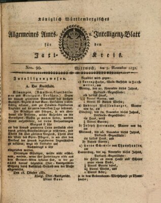 Allgemeines Amts- und Intelligenz-Blatt für den Jaxt-Kreis Mittwoch 9. November 1831