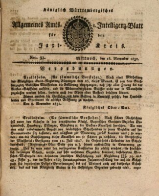 Allgemeines Amts- und Intelligenz-Blatt für den Jaxt-Kreis Mittwoch 16. November 1831
