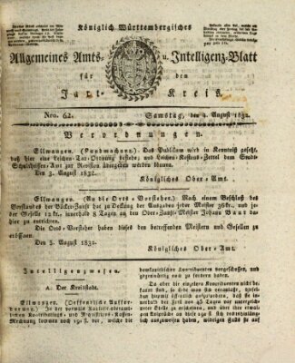 Allgemeines Amts- und Intelligenz-Blatt für den Jaxt-Kreis Samstag 4. August 1832